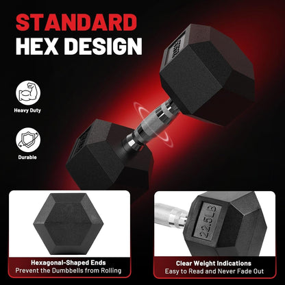 HEX Dumbbell Set (2.5-125 lbs) - Rubber Encased Weights for Home Gym, Ideal for Strength Training for Men and Women